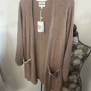 Blu Pepper Long Ribbed Open Cardigan in Taupe Brown